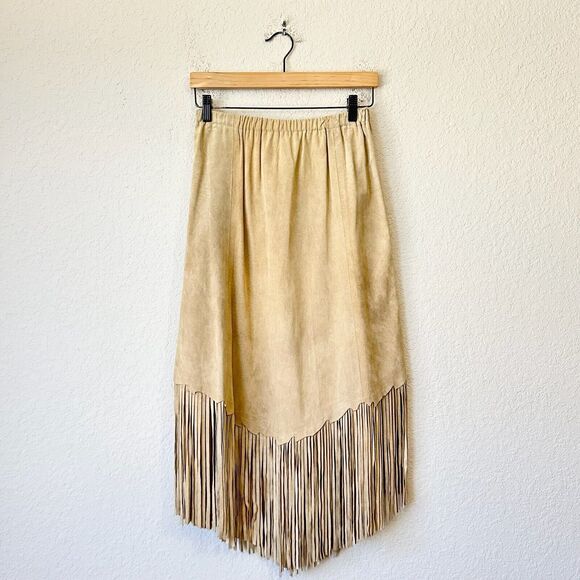 RICKY NELL Skirt Tan Leather Elastic Waist A-Line Fringed Cowgirl NWOT - Picture 1 of 8